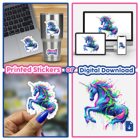 Psychedelic Drip Unicorn - Vibrant Fluid Fantasy features a collage of unicorn stickers with colorful paint splashes, available as stickers or digital artwork.