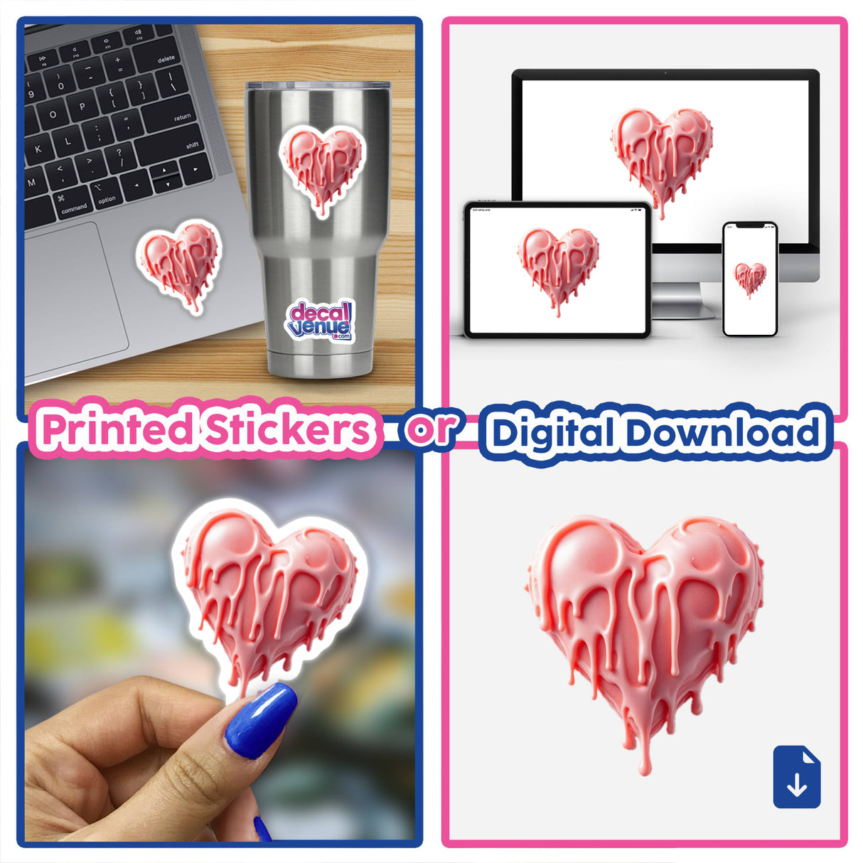 Heart Dripping Candle Wax sticker collage, featuring heart-shaped designs on a laptop and cup, highlighting unique digital artwork and stickers from Decal Venue.