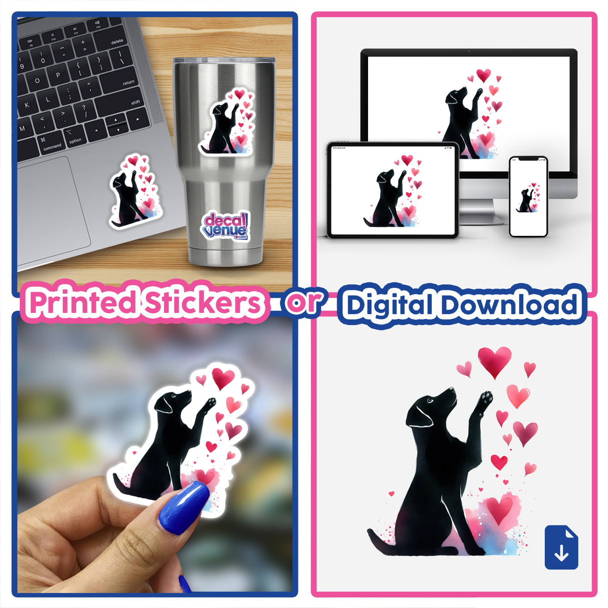 Watercolor artwork of cats reaching for hearts, available as printed stickers or digital downloads, displayed on various devices and surfaces.