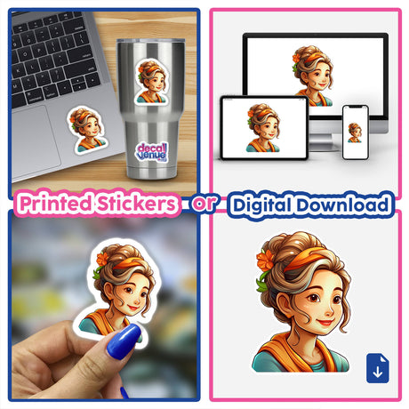 Digitally illustrated female character with messy bun hairstyle featured on various products including a laptop, digital display, and stickers.
