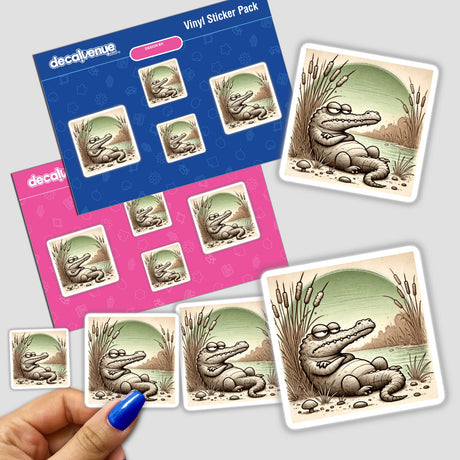 Sticker pack featuring a frowning crocodile lounging by the river, including various crocodile cartoons.