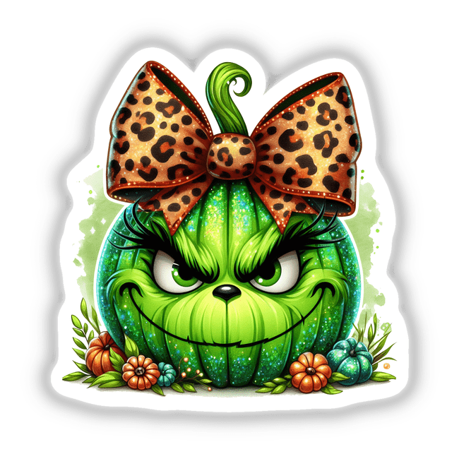 Vibrant green pumpkin creature with leopard print bow and pumpkins, digital artwork