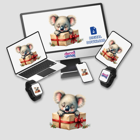 Baby Koala Sleeping on Christmas Present Box depicted as a cartoon, available as stickers or digital artwork, featuring a koala with closed eyes resting on a gift box.