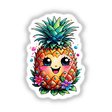 Sunshine Smiles: Rainbow Floral Pineapple Sticker features a cartoon pineapple adorned with colorful flowers and a cheerful face, perfect for adding a playful touch to any surface.