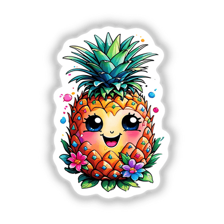 Sunshine Smiles: Rainbow Floral Pineapple Sticker features a cartoon pineapple adorned with colorful flowers and a cheerful face, perfect for adding a playful touch to any surface.