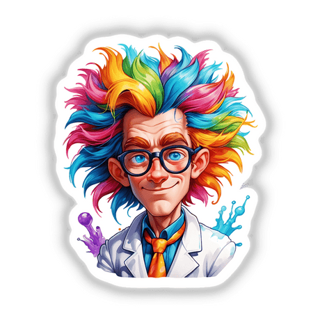 Mad Scientist: Eccentric Genius with Wild Rainbow Hair, depicted in a vibrant cartoon style, featuring colorful hair and glasses, available as stickers or digital artwork.