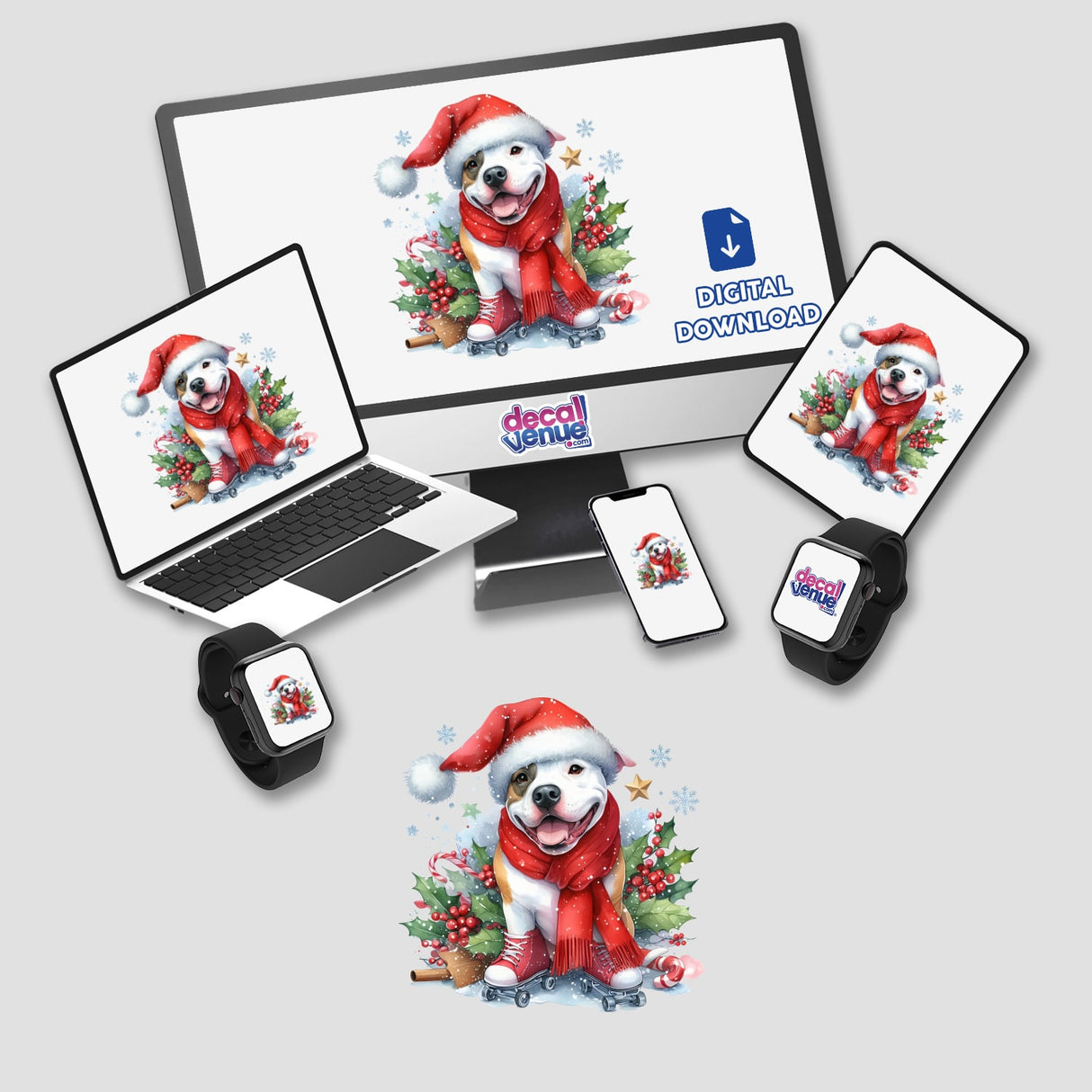 Christmas Scene Santa Pitbull Dog displayed on a computer monitor and laptop, showcasing a festive pitbull wearing a Santa hat and scarf, available as unique stickers or digital artwork.