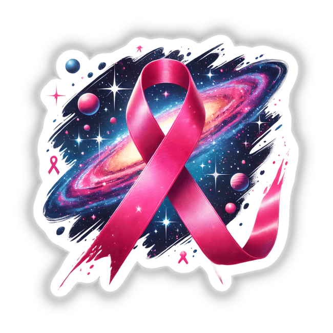 Pink Ribbon and Galaxy Breast Cancer Awareness sticker featuring a pink ribbon with stars and planets, symbolizing support amidst a cosmic backdrop. Available as stickers or digital artwork.