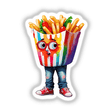 Sticker Design: Hilarious French Fry Head Character with red glasses and shoes, featuring a cartoon of a food container with human legs, available as stickers or digital artwork.