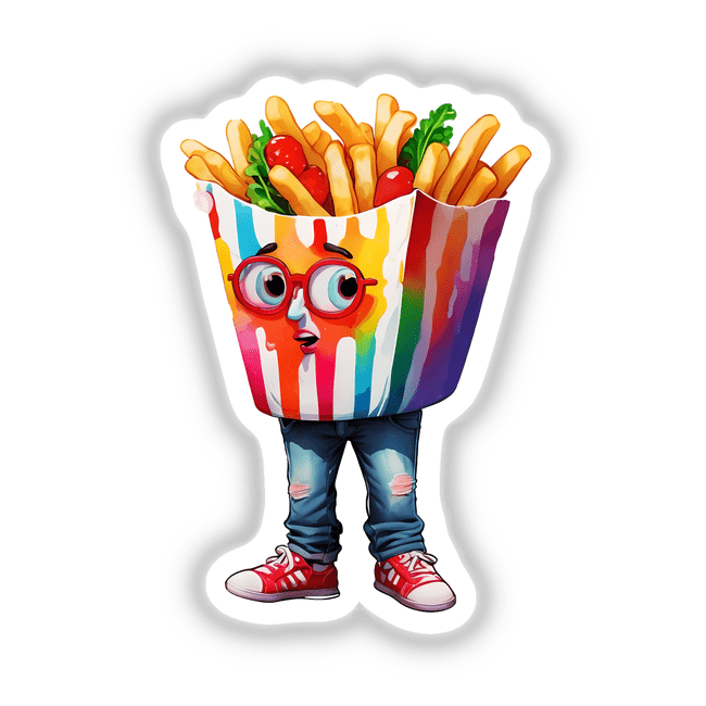 Sticker Design: Hilarious French Fry Head Character with red glasses and shoes, featuring a cartoon of a food container with human legs, available as stickers or digital artwork.