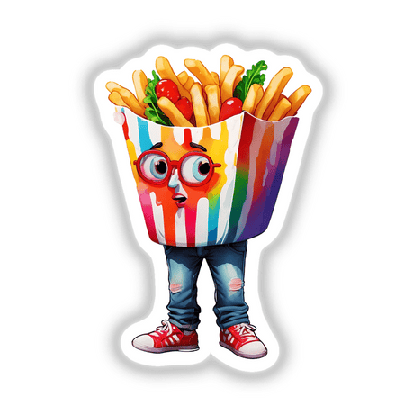 Sticker Design: Hilarious French Fry Head Character with red glasses and shoes, featuring a cartoon of a food container with human legs, available as stickers or digital artwork.