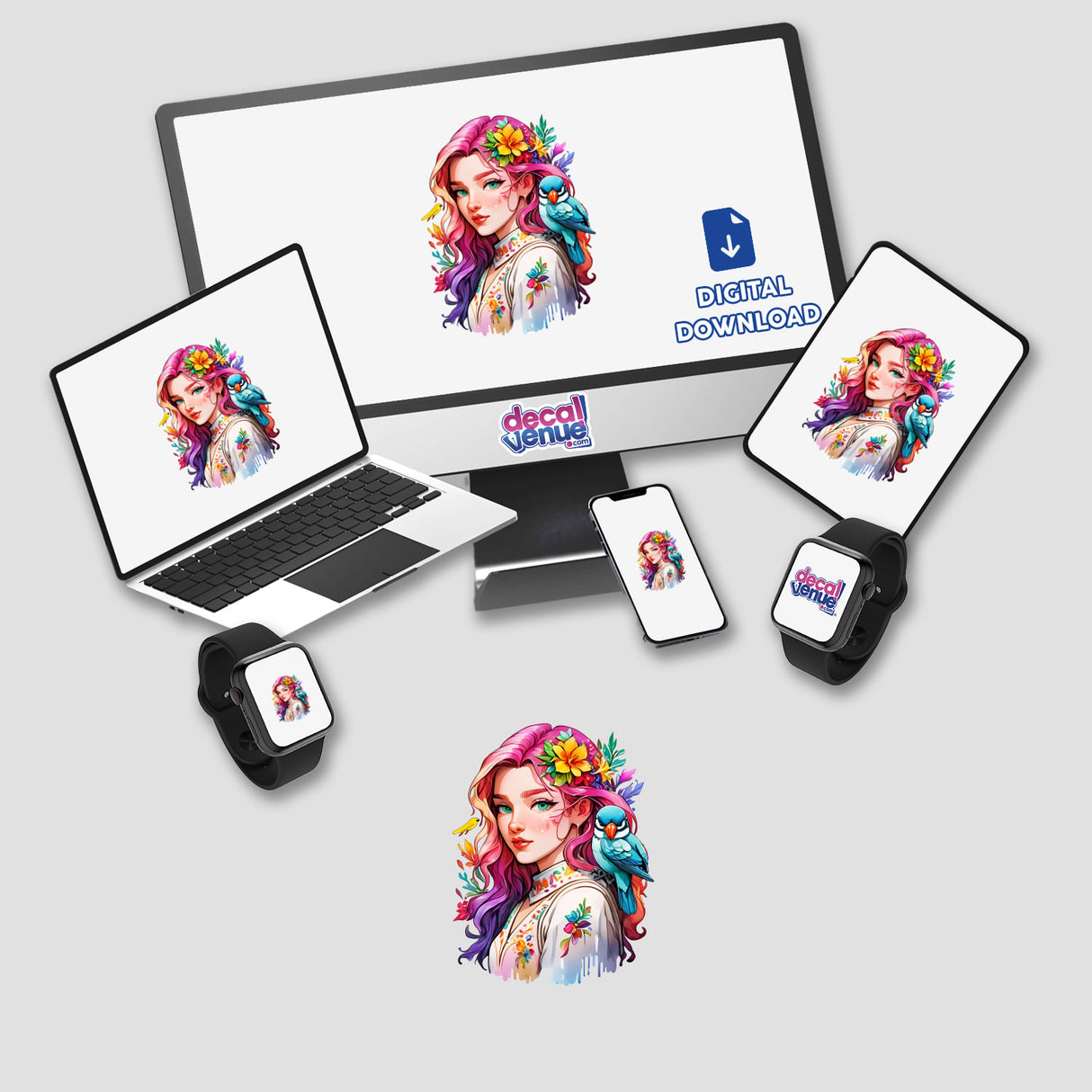 Coachella Floral Portrait Sticker - Bohemian Woman with Bird Illustration displayed on a computer monitor and laptop, showcasing vibrant digital artwork available as stickers or digital art from Decal Venue.