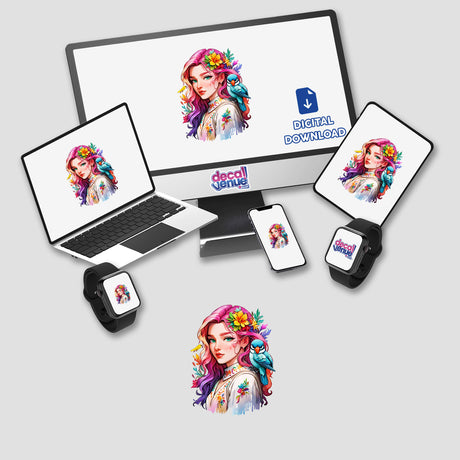 Coachella Floral Portrait Sticker - Bohemian Woman with Bird Illustration displayed on a computer monitor and laptop, showcasing vibrant digital artwork available as stickers or digital art from Decal Venue.