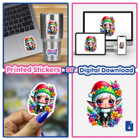 Floral Elf Magic: Kawaii Elf in Santa Hat, depicted in various fun poses with flowers, available as stickers or digital artwork.