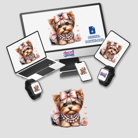 Cute Yorkshire Terrier dog wearing a pink bow and pearl necklace, surrounded by digital devices like laptop, smartphone, and smartwatch displaying the Decal Venue product image.