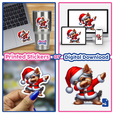 Dabbing Christmas Yorkie Dog in Santa Outfit stickers and digital art, featuring a Yorkie wearing a Santa outfit in various poses, including close-ups and placements on laptops and tumblers.