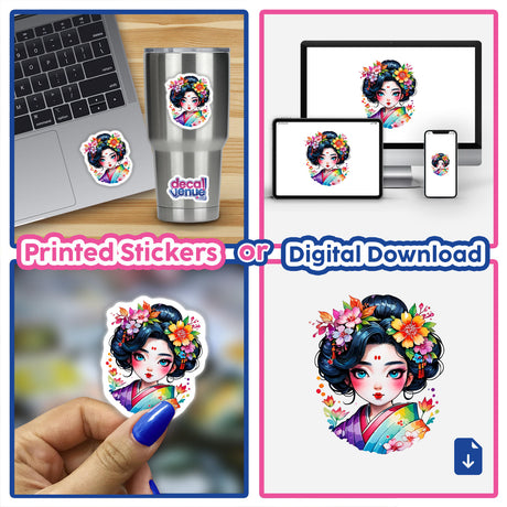 Charming Geisha: Adorable Sticker Design featuring a cartoon woman with flowers in her hair, displayed on various items like laptops, cups, and as part of a collage.