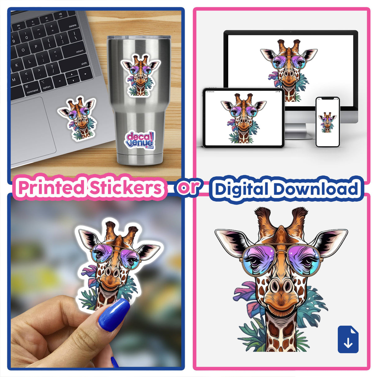 Giraffe Wearing Colorful Sunglasses sticker shown on a laptop, featuring a fun cartoon giraffe design. Available as vinyl stickers or digital artwork from Decal Venue.