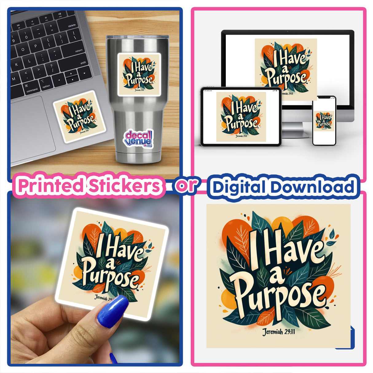 I Have a Purpose - Jeremiah 29:11 sticker or clipart shown on a laptop, highlighting its inspiring Christian faith-based design, available as a sticker or digital artwork from Decal Venue.