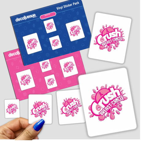 Hand holding the Crush Breast Cancer sticker pack, featuring a close-up view of various stickers on a white background.