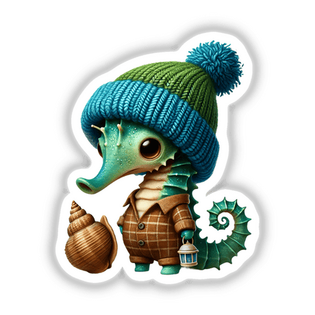 Cute green creature wearing a beanie with a pom-pom, holding a small seashell, and surrounded by natural elements like leaves and spirals.