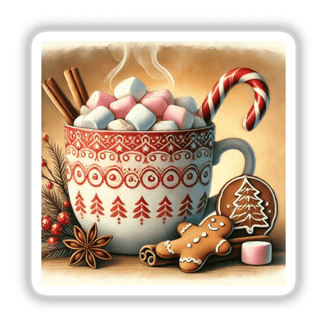 Festive Hot Cocoa - Warm Mug with Marshmallows Watercolor: A charming illustration of a hot chocolate cup topped with marshmallows and candy canes, available as stickers or digital artwork.