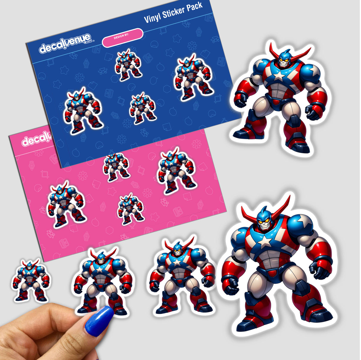 Hand holding stickers featuring cartoon characters, including A Cool American Flag Army Robot, available as stickers or digital artwork.