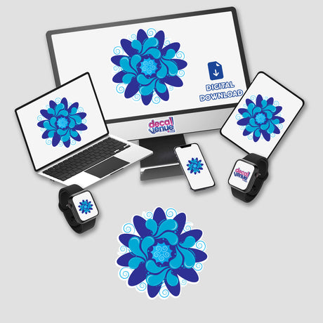 Beautiful blue and purple flower sticker design by CreativeCat, displayed on various devices and products from Decal Venue store.