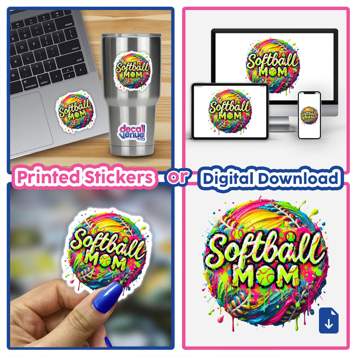 Collage showcasing Softball Mom Neon Splatter Drip Art featuring stickers and digital artwork, including painted fingernails, laptop with sticker, and vibrant paint splatter designs, available at Decal Venue.