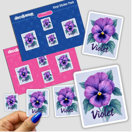 Hand holding a Personalized Violet Sticker or Clipart pack, featuring custom floral art with purple flowers, ideal for commercial use. Part of Decal Venue's unique vinyl stickers and digital art collection.