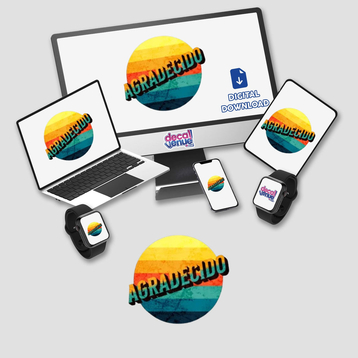 Agradecido Retro Clipart - Stickers or Download with Commercial Rights displayed on computer monitor, laptop, tablet, and smartphone screens, showcasing vibrant logos and colorful designs.