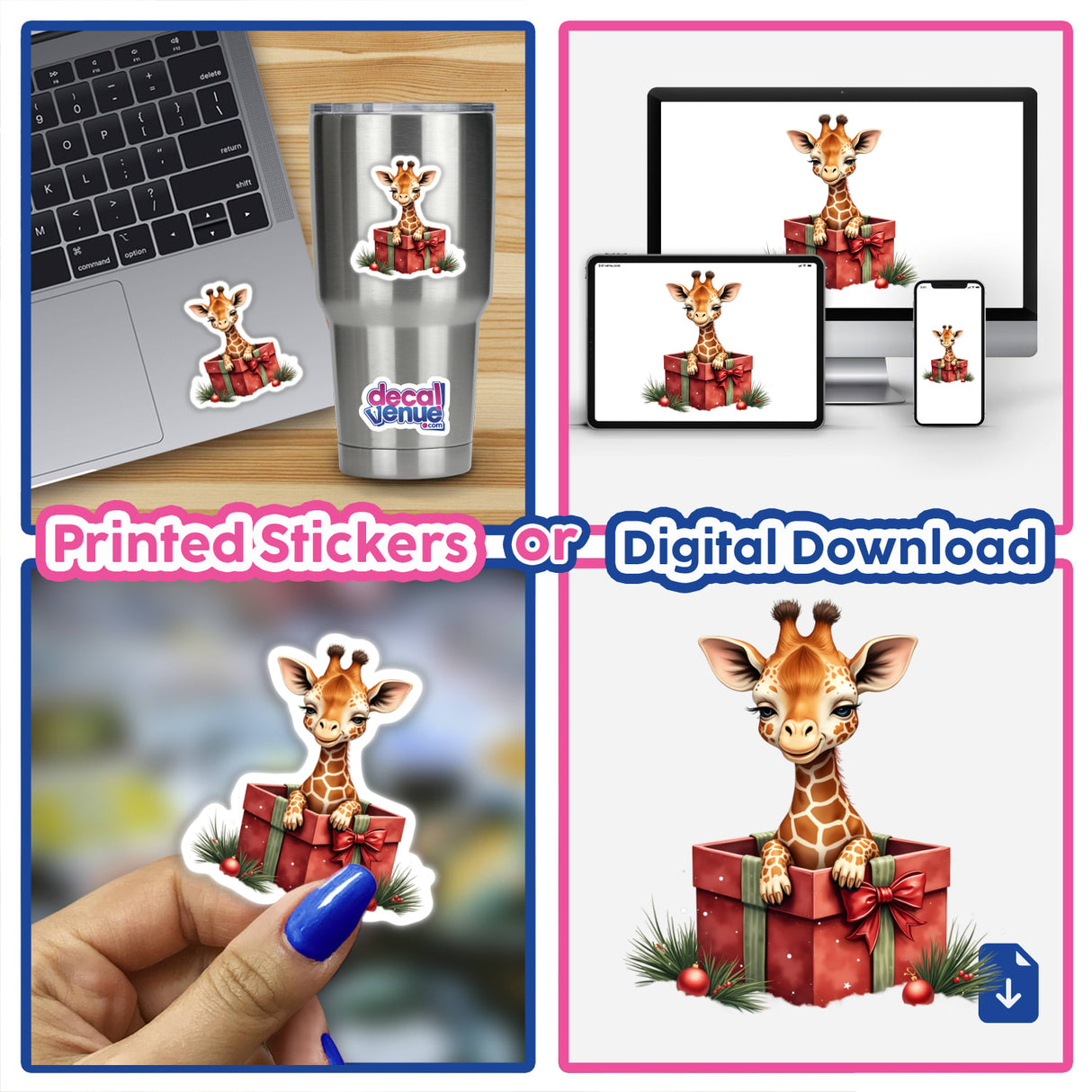 Giraffe in Christmas Present Box sticker featuring a cartoon giraffe nestled inside a gift box, available as a whimsical sticker or digital artwork.