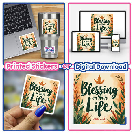 Blessing on Your Life – Exodus 23:25 Christian Sticker or Clipart featuring a collage of a laptop and phone, with a sticker visible on the laptop, highlighting its digital artwork aspect.