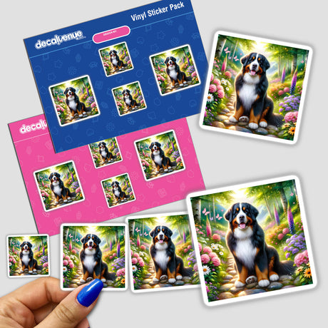 Bernese Mountain Dog on a Peaceful Mountain Trail Watercolor Illustration featured on a sticker, showcasing a serene garden path setting, available as stickers or digital artwork.