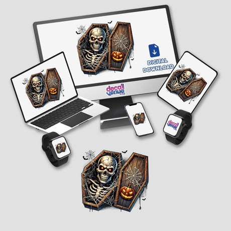 Spooky Halloween skeleton peeking out of coffin digital artwork, available for download on various devices from Decal Venue's online store.