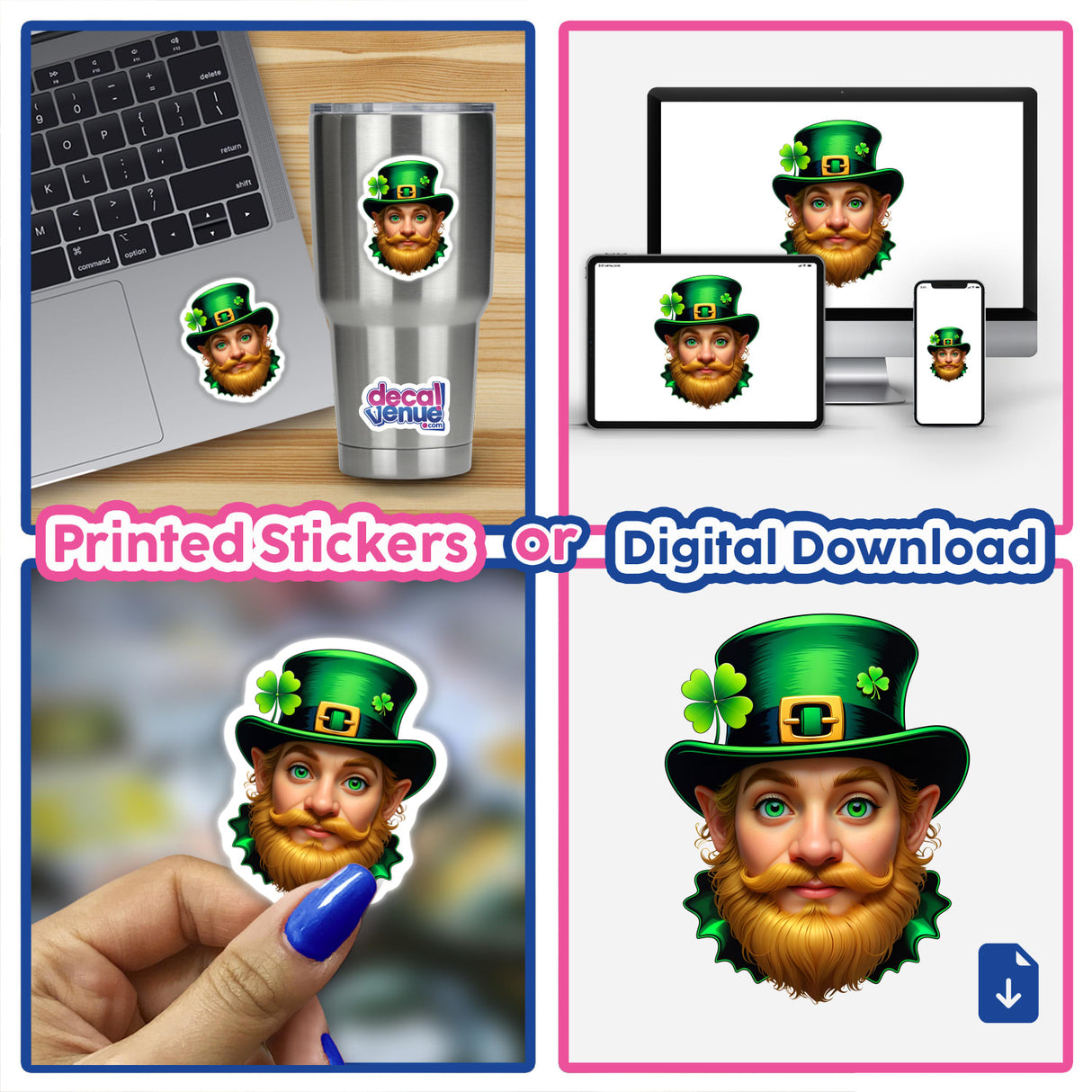 St. Patrick's Day Leprechaun collage featuring stickers and digital artwork, depicting a bearded leprechaun with a green hat. Ideal for laptops or cups, from Decal Venue's unique collection.