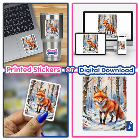 Collage featuring a sticker and digital artwork of A Red Fox In A Winter Forest, showcasing the fox amidst snowy scenery, offered by Decal Venue for unique vinyl stickers and digital art.