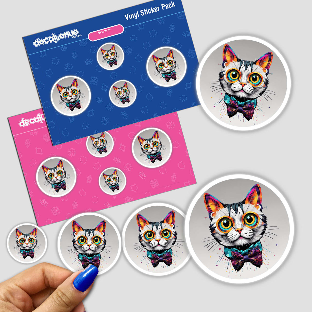 Colorful Confident Cat stickers featuring a cartoon cat with a bow tie, available as unique stickers or digital artwork, ideal for fans of whimsical feline designs.