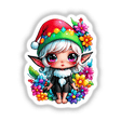 Floral Elf Magic: Kawaii Elf in Santa Hat surrounded by colorful flowers, featuring playful cartoon elements like expressive eyes and whimsical details. Available as stickers or digital artwork.