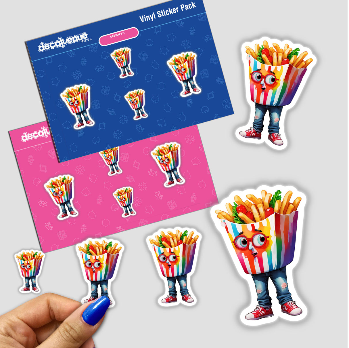 Sticker Design: Hilarious French Fry Head Character featuring a cartoon person with a box of fries on their head, available as stickers or digital artwork.