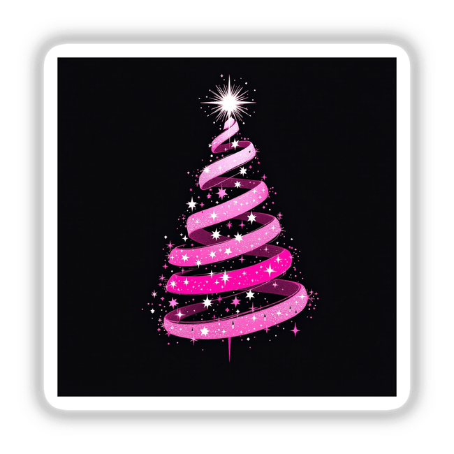 Pink Ribbon Christmas Tree in a spiral design, available as unique stickers or digital artwork from Decal Venue, showcasing creative holiday decor.