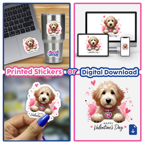 Collage featuring a laptop adorned with a Cute Goldendoodle Valentine Dog sticker, showcasing the unique and playful design available as stickers or digital artwork from Decal Venue.