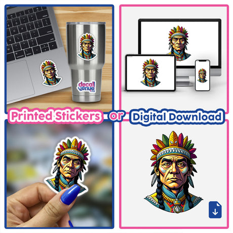 Collage featuring 'A Native American Warrior Chief' sticker and digital artwork, depicting a man with a colorful headdress, shown on a laptop and cup.