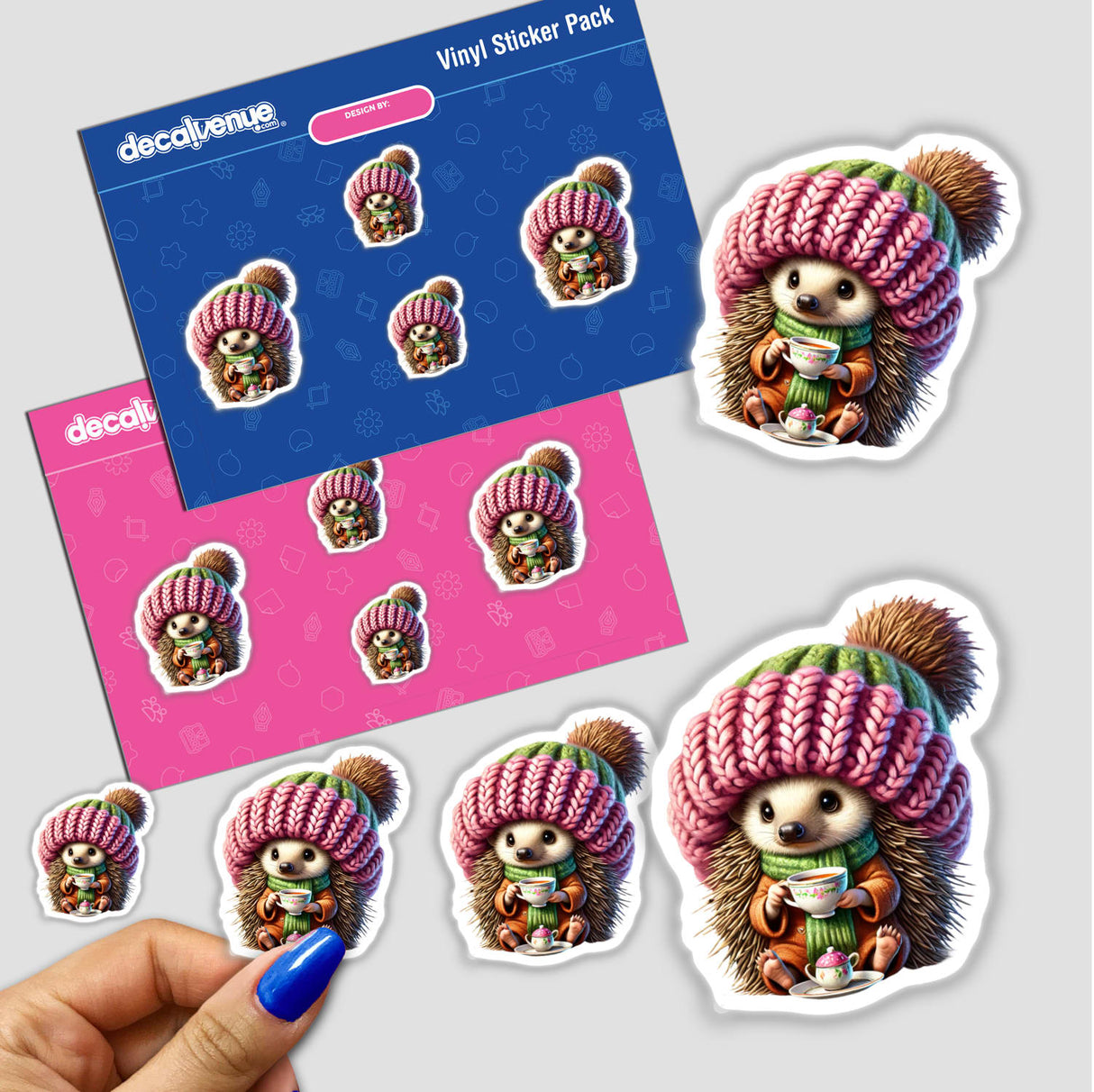 Cute and adorable digital stickers featuring a hedgehog gnome having a cozy tea party, set against a vibrant pink and blue background. The stickers showcase the hedgehog gnome's detailed features, including its knitted hat, mug, and cute expression. These stickers are perfect for adding a touch of whimsy and personality to various digital projects or personal items.