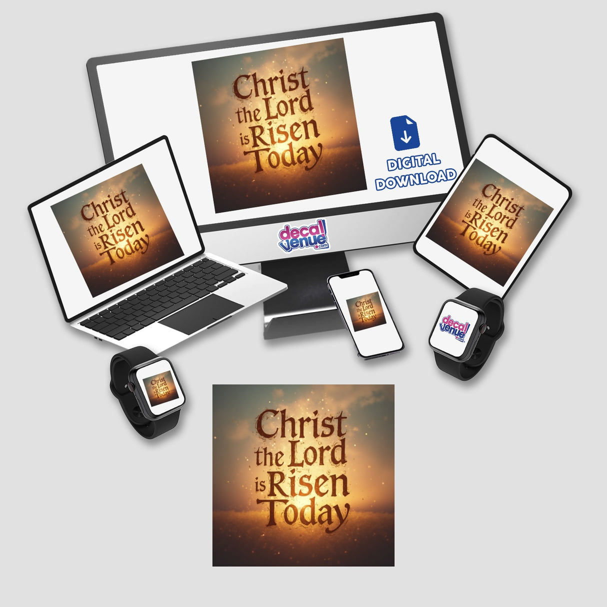 Christ the Lord is Risen Today - Christian Easter Sticker or Clipart featuring a computer monitor and gadgets, emphasizing digital accessibility and commercial use, available from Decal Venue.