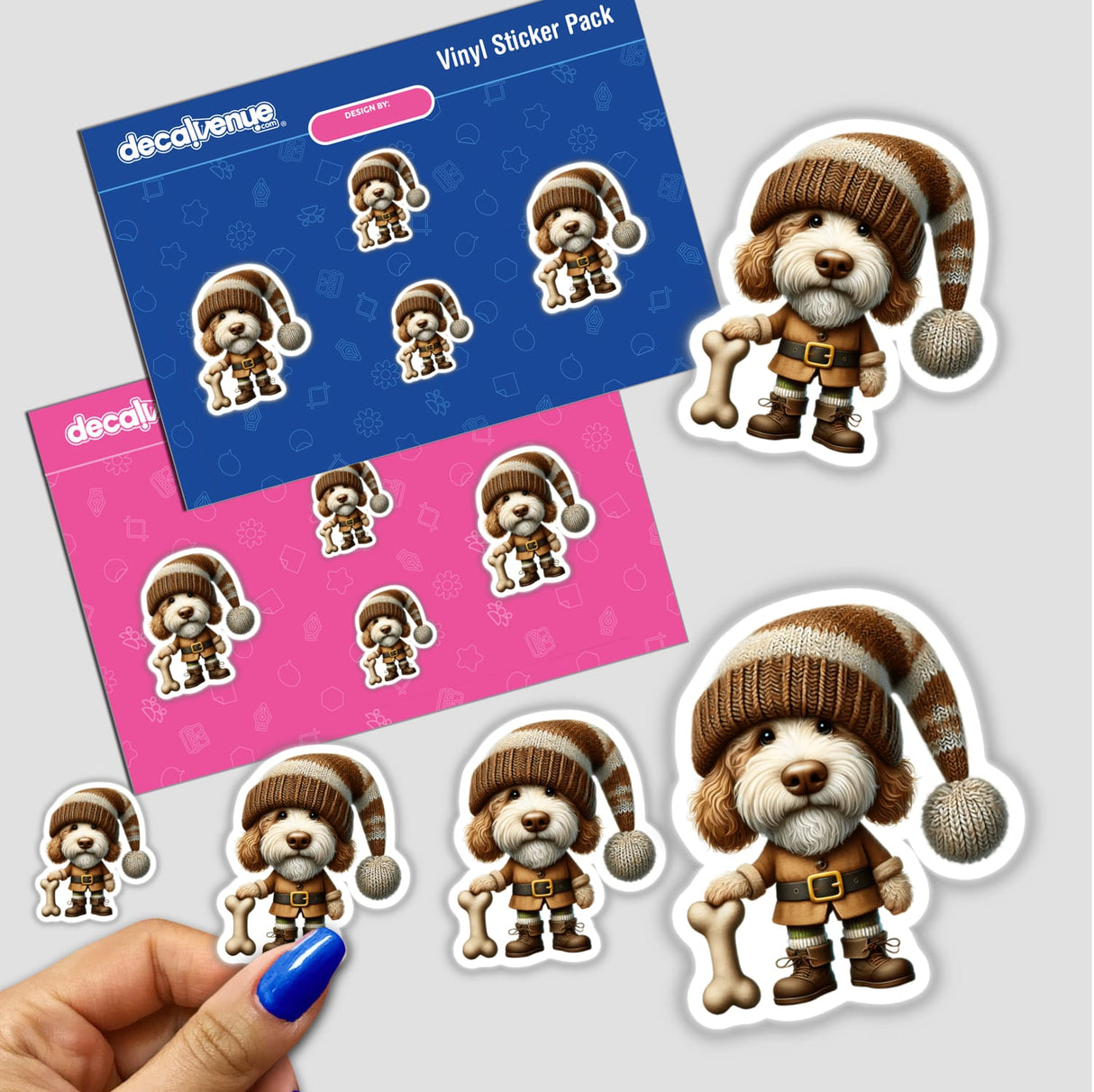 Cute Labradoodle gnome stickers with dog bone accessories, created by talented designers at the Decal Venue store, perfect for expressing your personal style.