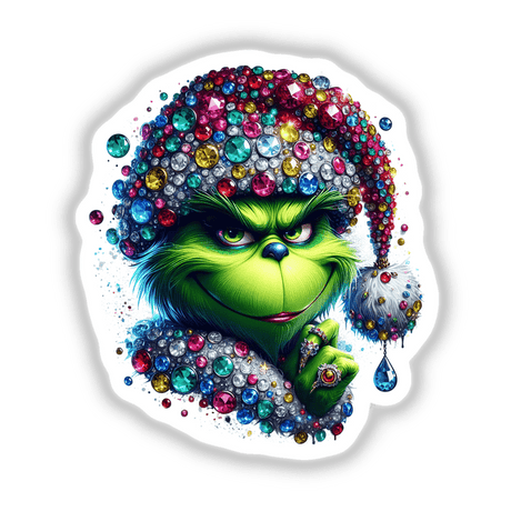 Jeweled Sassy Green Grouch Face in Santa Hat, featuring a whimsical cartoon character adorned with colorful gems. Available as unique stickers or digital artwork from Decal Venue.