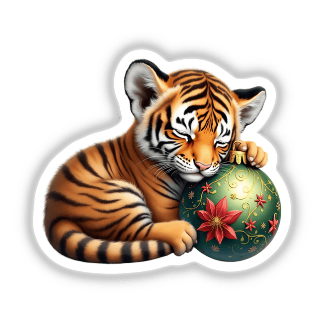 Tiger Cub Sleeping on Christmas Ornament: A charming depiction of a tiger cub gently holding and resting atop a festive Christmas ornament, available as unique stickers or digital artwork from Decal Venue.