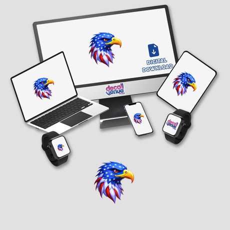 A Cool American Flag Eagle displayed on a computer monitor and laptop, available as unique stickers or digital artwork from Decal Venue.