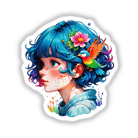 Vibrant Blue-Haired Anime Girl Sticker - Kawaii Portrait Illustration featuring a girl with blue hair, a colorful bird, and flowers in her hair, available as stickers or digital artwork.